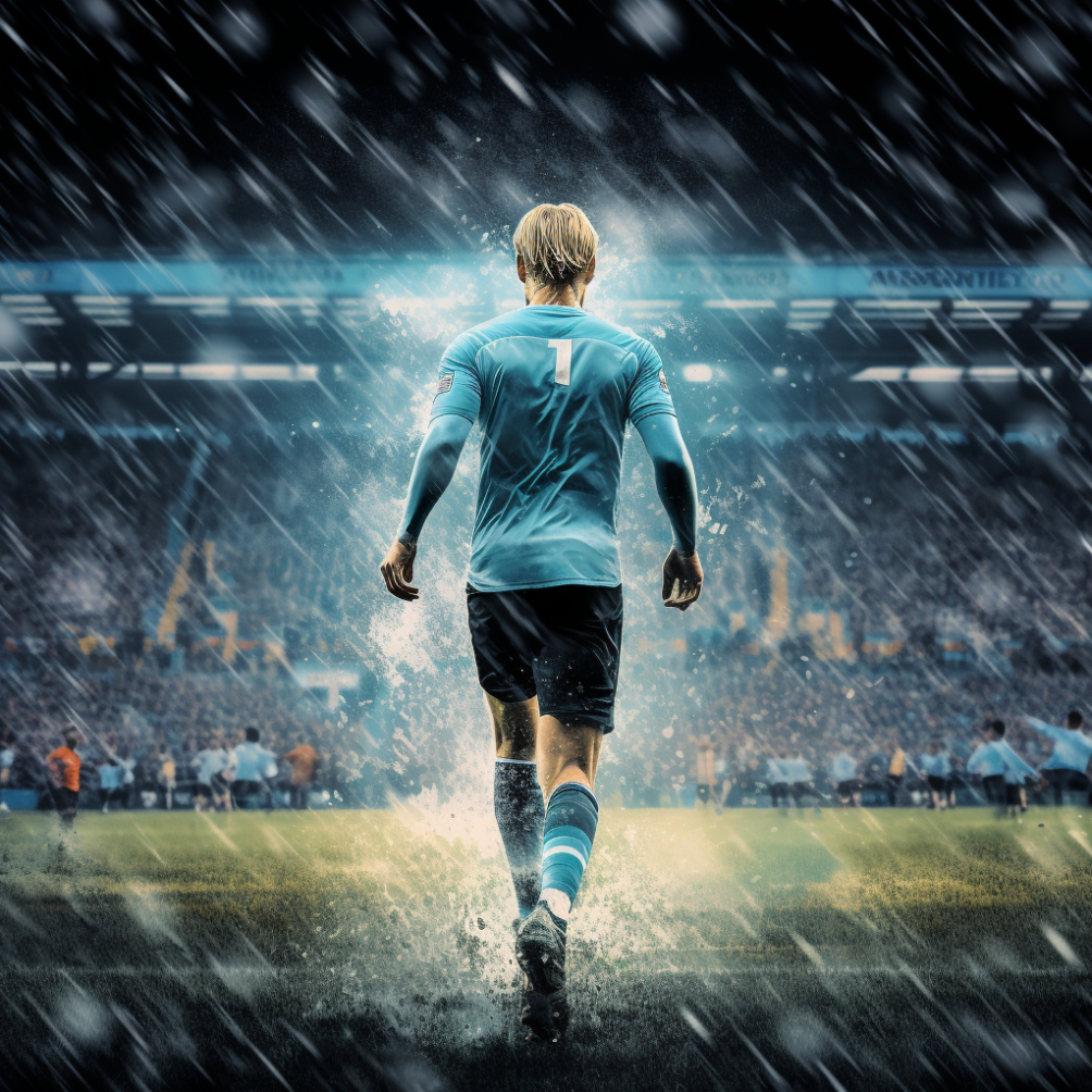 Player with blue kit walking in the rain