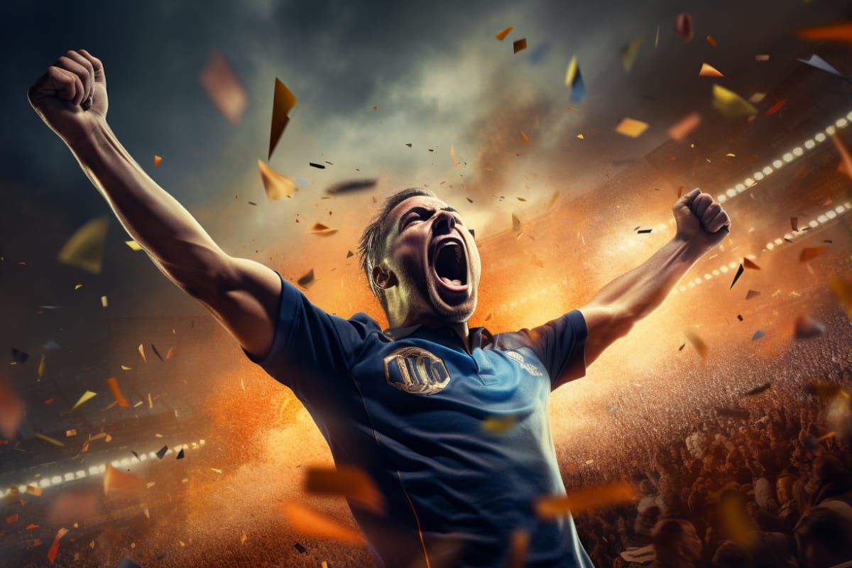 Dynamic football scene depicting a triumphant striker celebrating a goal in a major European league match. The image is vibrant and full of energy, with a generic, skilled football player in the foreground and a background of a packed stadium with enthusiastic fans. The scene conveys a sense of victory and potential, highlighting the passion of the sport without any specific team colors or identifiable logos.