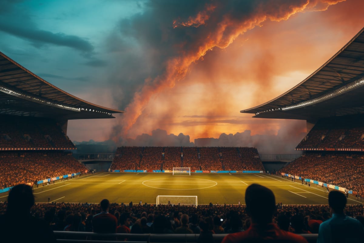 Football stadium with a red sky