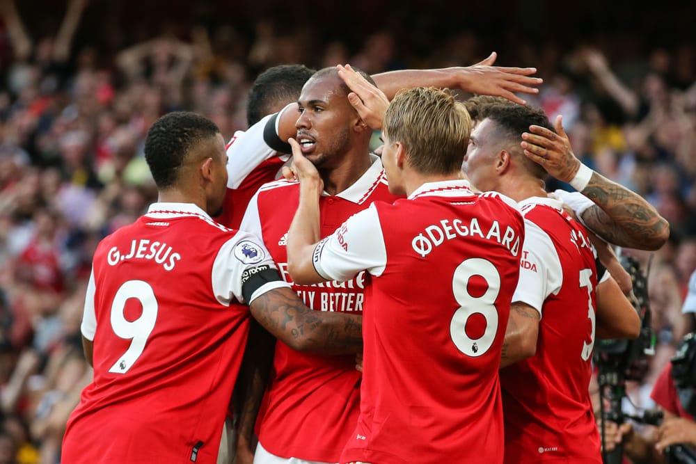 Gabriel #6 of Arsenal celebrates his goal
