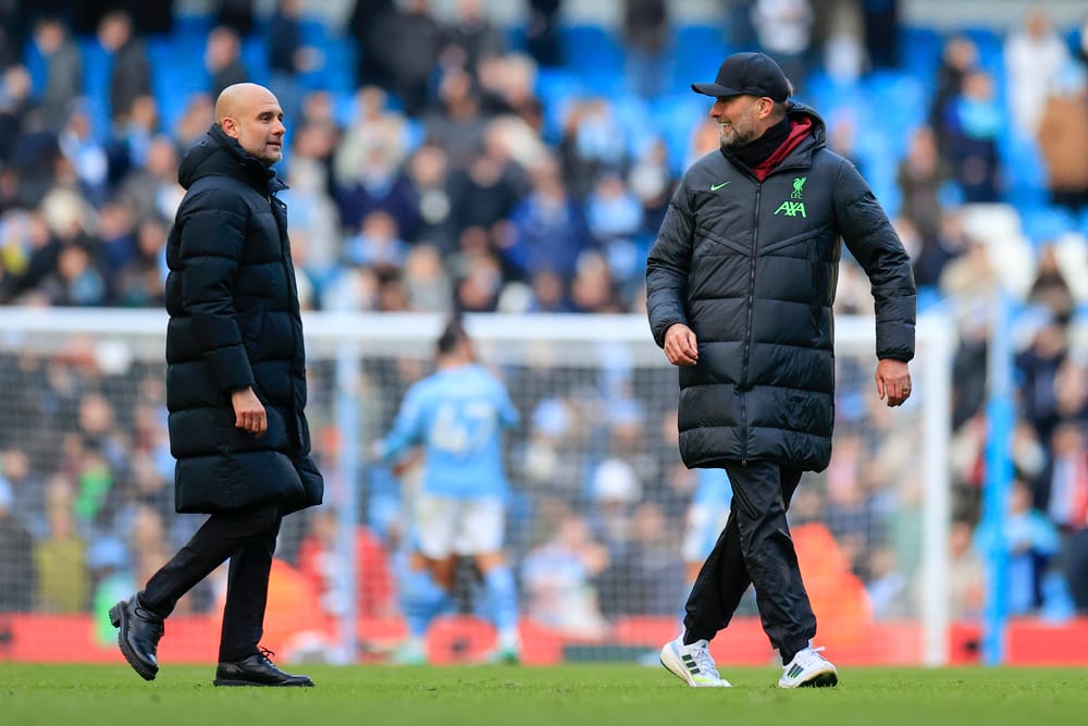 Liverpool manager Jurgen Klopp and Pep Guardiola the Manchester City manager at the end of the Premier League match Manchester City vs Liverpool at Etihad Stadium, Manchester, United Kingdom, 25th November 2023