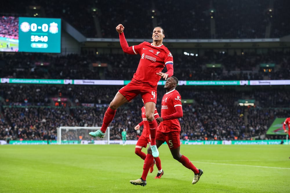 Virgil van Dijk of Liverpool celebrates his goal.