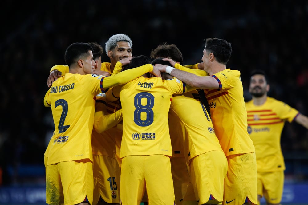 Team of Barcelona celebrates during UEFA Champions League quarterfinal.