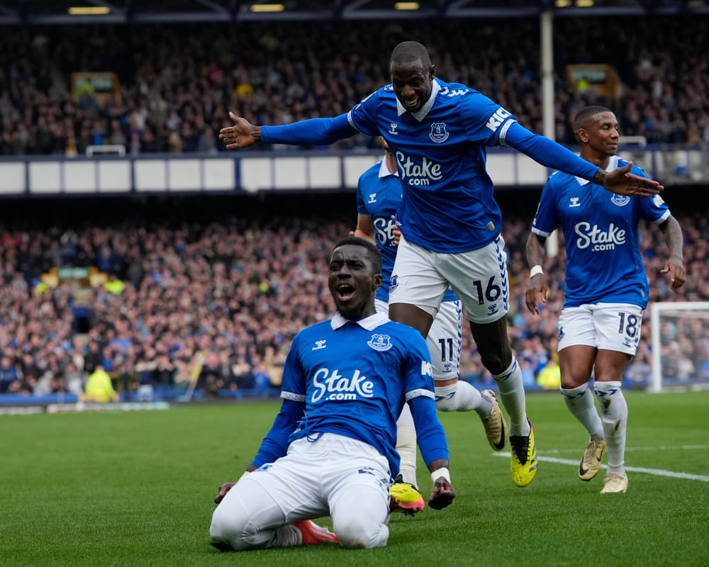 Idrissa Gueye of Everton celebrates scoring.
